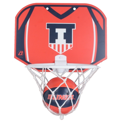 Miniature basketball and hoop set by Baden. Has team logo on ball and backboard of hoop. Made to mount on doors or walls.