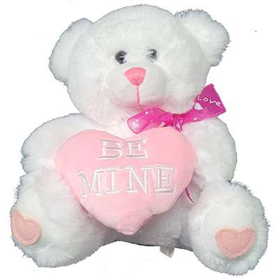 Valentine Stuffed Fluffy White Heart Bear - Be Mine