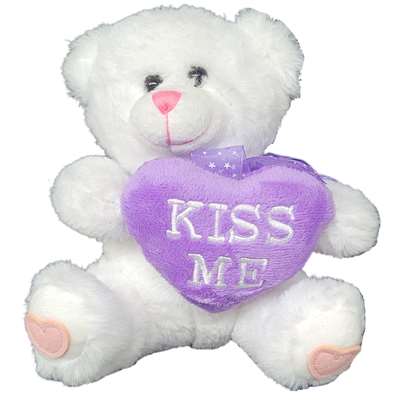 Valentine Stuffed Fluffy White Heart Bear - Kiss Me