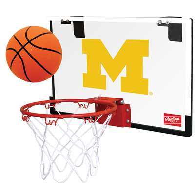 Officially licensed backboard and hoop set by Rawlings. This set includes a hoop with a team logo on the backboard, a net, and a 5" inflatable rubber basketball. Includes mounts for hanging on virtually any door. Made of durable, professional-grade polyca