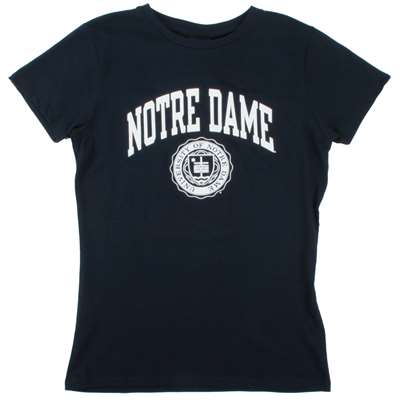 Notre Dame Womens T-shirt - Notre Dame Arched Above Seal - By Champion - Marine Navy