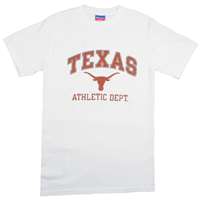 Texas T-shirt - Texas Arched Over Longhorns Logo Athletic Dept. - By Champion - White